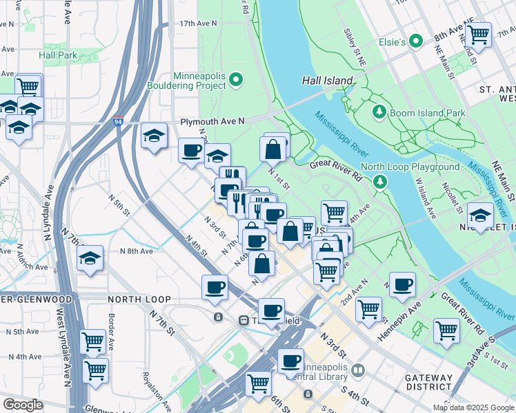 map of restaurants, bars, coffee shops, grocery stores, and more near 616 North Washington Avenue in Minneapolis