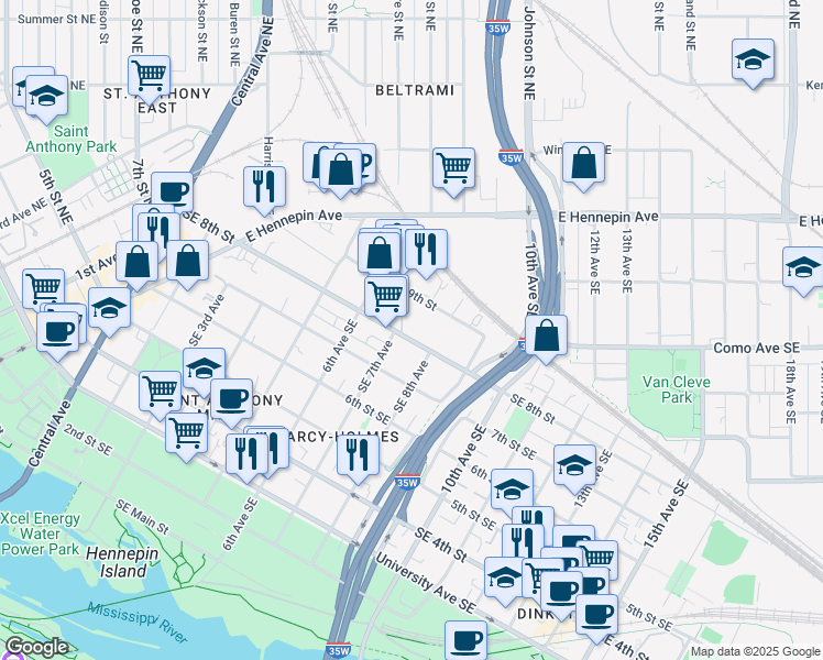 map of restaurants, bars, coffee shops, grocery stores, and more near 729 Southeast 8th Street in Minneapolis