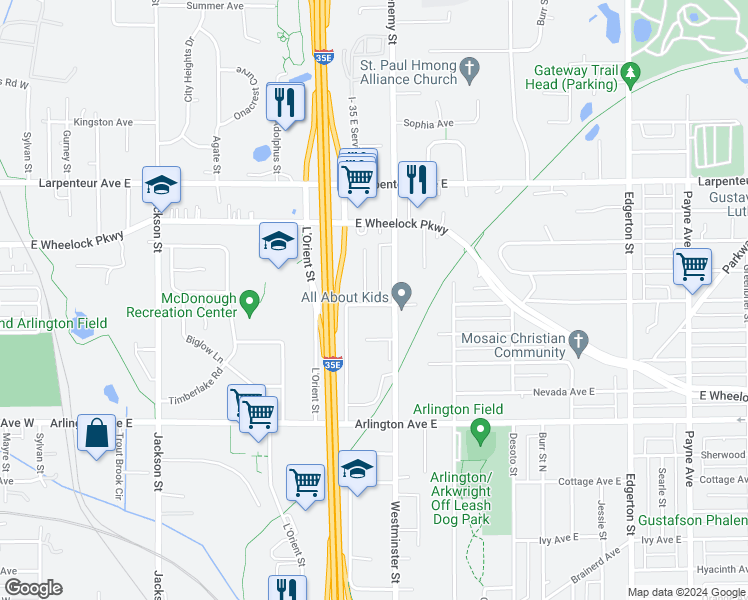 map of restaurants, bars, coffee shops, grocery stores, and more near 313 Hoyt Avenue East in Saint Paul
