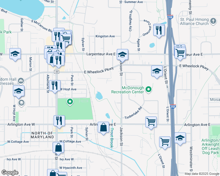 map of restaurants, bars, coffee shops, grocery stores, and more near 1570 Wheelock Lane in Saint Paul