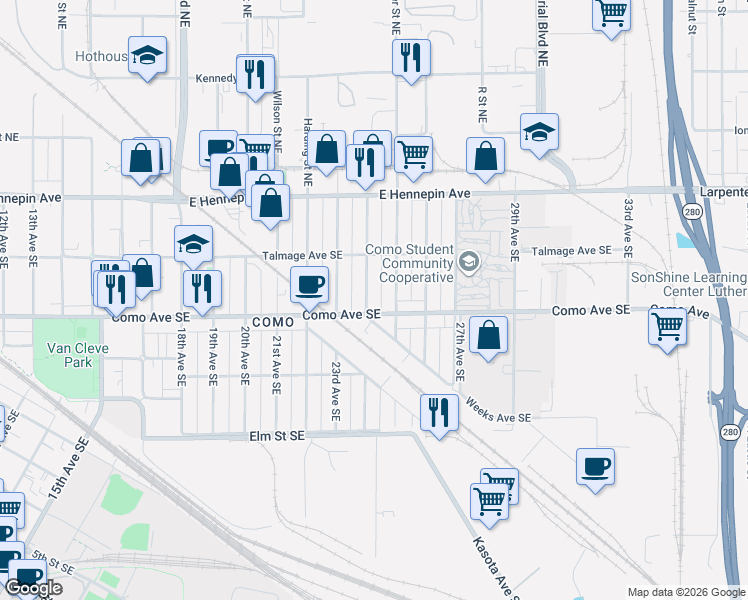 map of restaurants, bars, coffee shops, grocery stores, and more near 1000 24th Avenue Southeast in Minneapolis