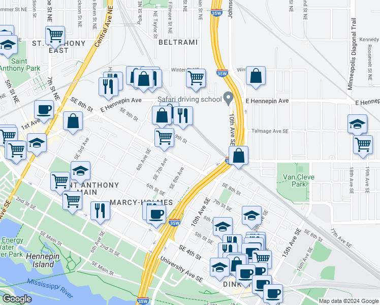 map of restaurants, bars, coffee shops, grocery stores, and more near 816 Southeast 9th Avenue in Minneapolis
