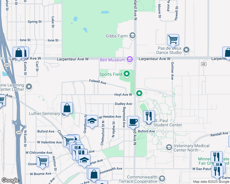 map of restaurants, bars, coffee shops, grocery stores, and more near 2130 Hoyt Avenue West in Saint Paul