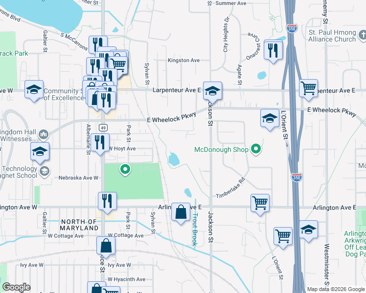map of restaurants, bars, coffee shops, grocery stores, and more near 1560 Wheelock Lane in Saint Paul