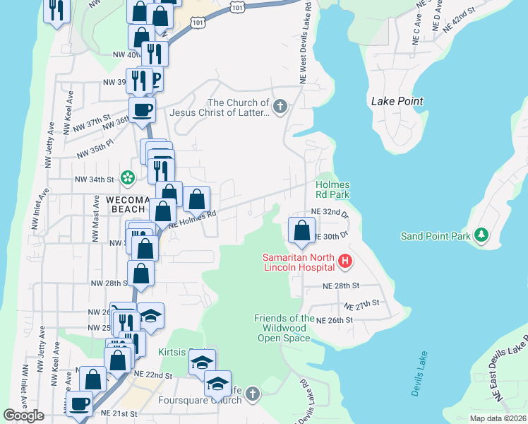 map of restaurants, bars, coffee shops, grocery stores, and more near 3000 Northeast Union Avenue in Lincoln City