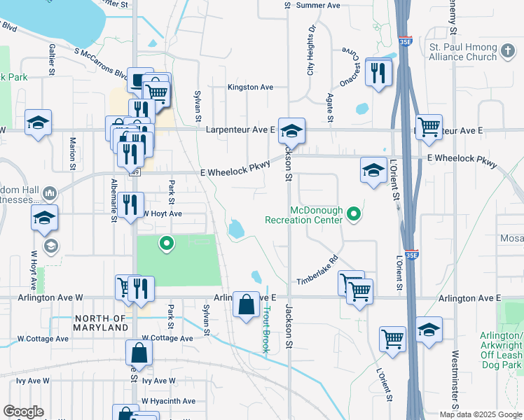 map of restaurants, bars, coffee shops, grocery stores, and more near 1570 Wheelock Lane in Saint Paul