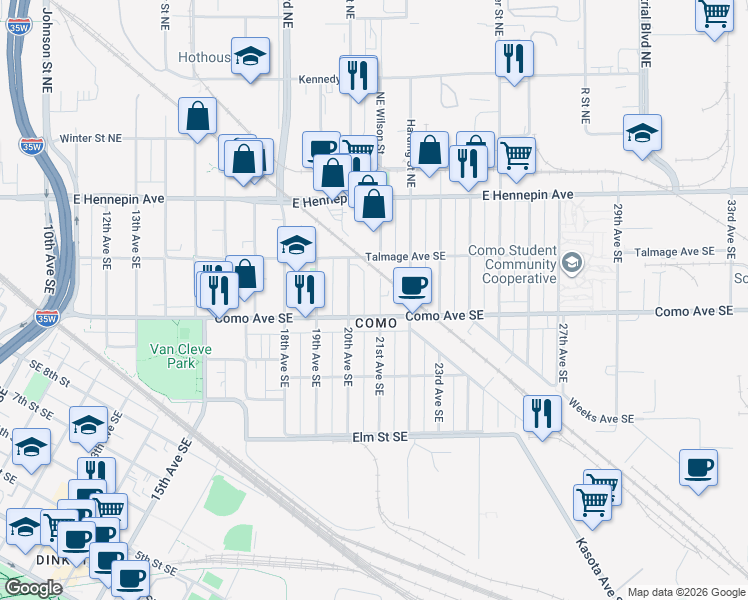 map of restaurants, bars, coffee shops, grocery stores, and more near in Minneapolis