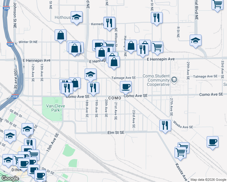 map of restaurants, bars, coffee shops, grocery stores, and more near in Minneapolis