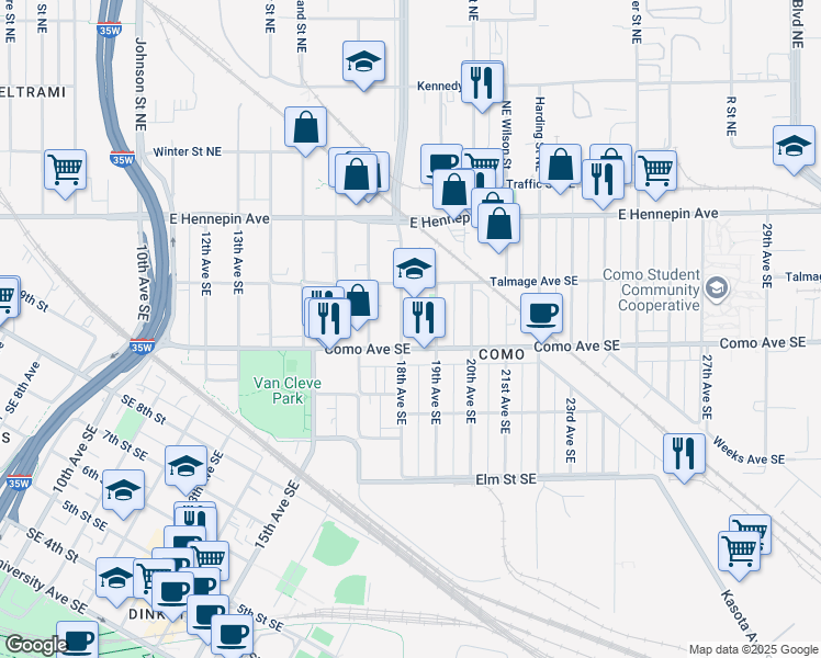 map of restaurants, bars, coffee shops, grocery stores, and more near 1000 18th Avenue Southeast in Minneapolis