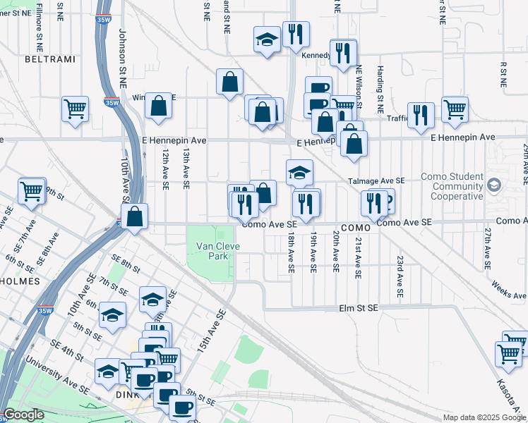 map of restaurants, bars, coffee shops, grocery stores, and more near 1703 Como Avenue Southeast in Minneapolis