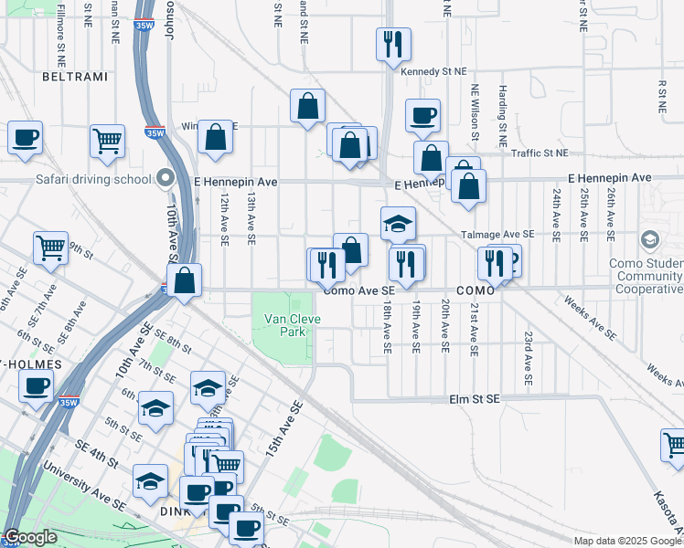 map of restaurants, bars, coffee shops, grocery stores, and more near 1523 Como Avenue Southeast in Minneapolis