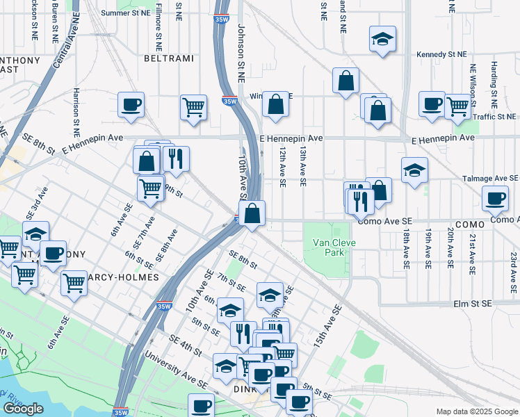 map of restaurants, bars, coffee shops, grocery stores, and more near 1100c Como Avenue Southeast in Minneapolis