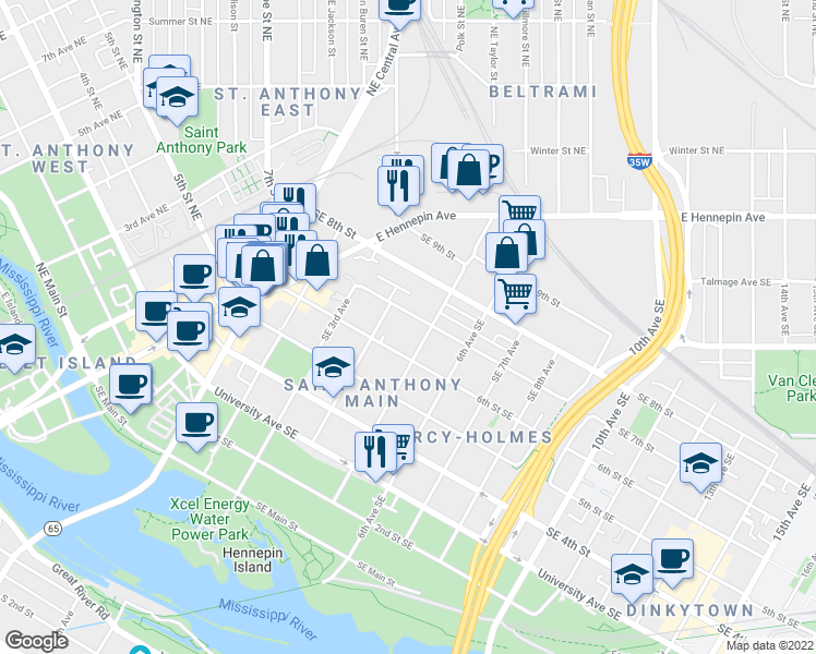 map of restaurants, bars, coffee shops, grocery stores, and more near 415 6th Street Southeast in Minneapolis