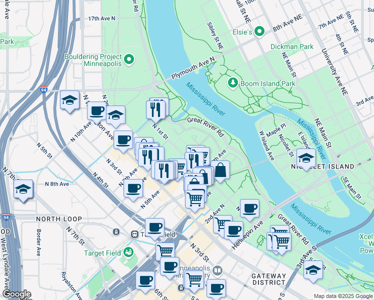 map of restaurants, bars, coffee shops, grocery stores, and more near in Minneapolis