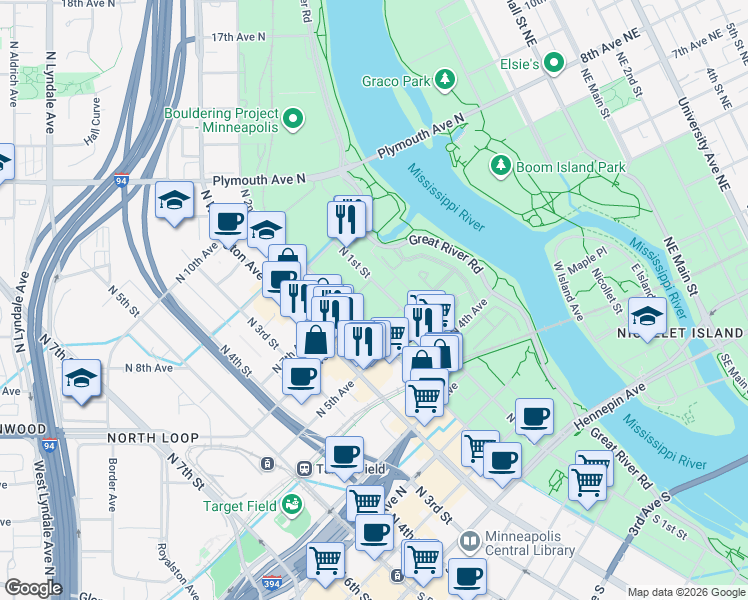 map of restaurants, bars, coffee shops, grocery stores, and more near 600 North 2nd Avenue in Minneapolis