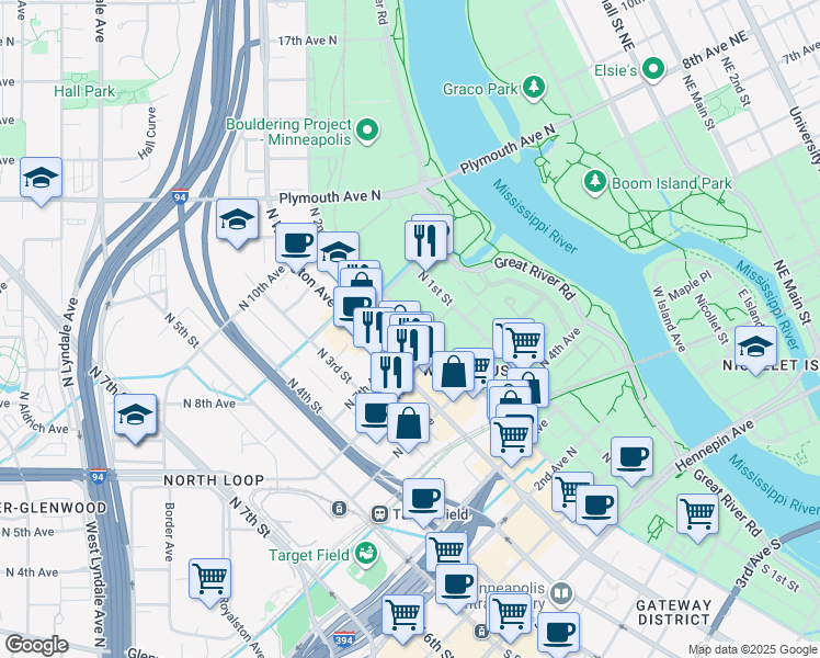 map of restaurants, bars, coffee shops, grocery stores, and more near 616 North Washington Avenue in Minneapolis