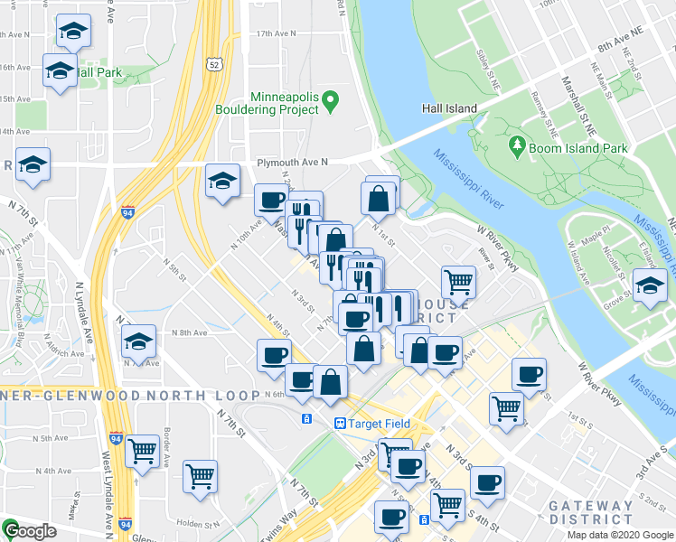 map of restaurants, bars, coffee shops, grocery stores, and more near 729 North Washington Avenue in Minneapolis