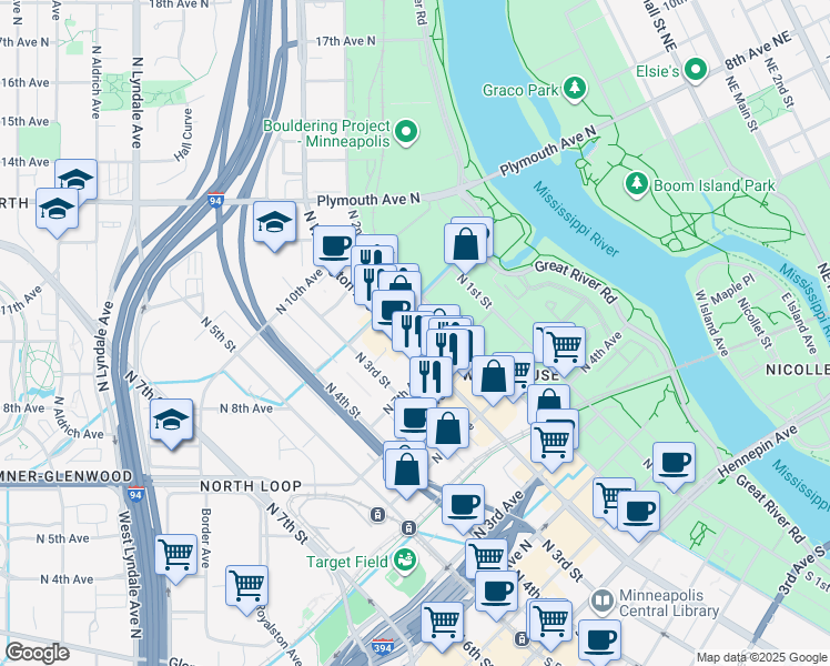 map of restaurants, bars, coffee shops, grocery stores, and more near 729 North Washington Avenue in Minneapolis