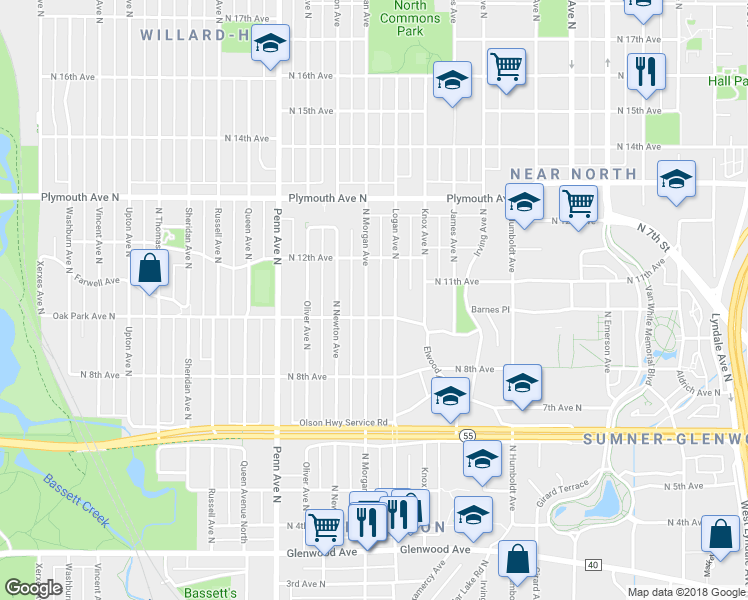 map of restaurants, bars, coffee shops, grocery stores, and more near 1012 Morgan Avenue North in Minneapolis