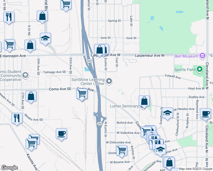 map of restaurants, bars, coffee shops, grocery stores, and more near 1550 Eustis Street in Saint Paul
