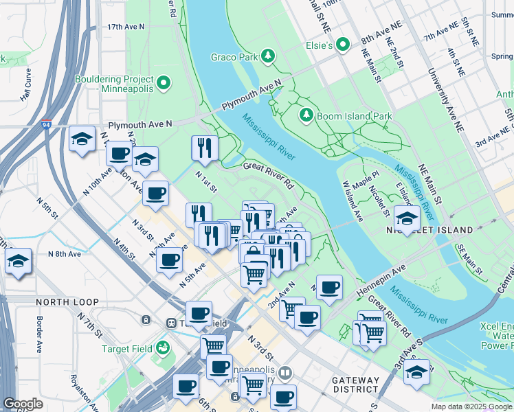 map of restaurants, bars, coffee shops, grocery stores, and more near 50 North 4th Avenue in Minneapolis