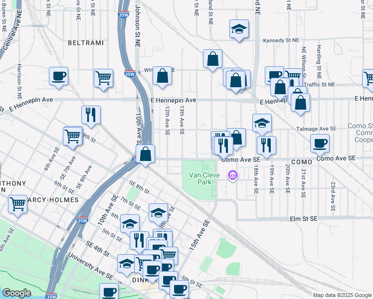 map of restaurants, bars, coffee shops, grocery stores, and more near 1313 Como Avenue Southeast in Minneapolis