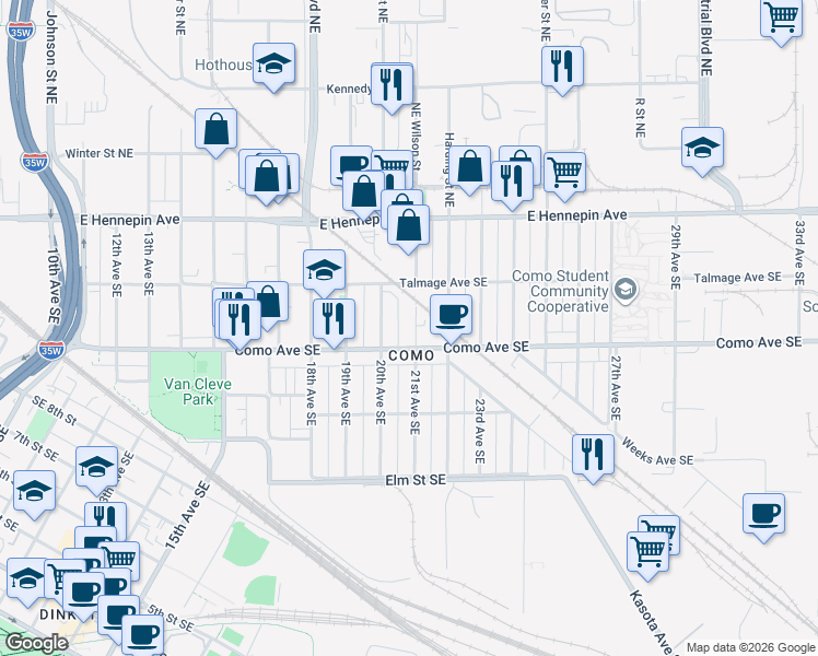 map of restaurants, bars, coffee shops, grocery stores, and more near 2015 Como Avenue Southeast in Minneapolis