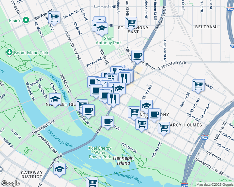 map of restaurants, bars, coffee shops, grocery stores, and more near 455 Central Avenue Southeast in Minneapolis