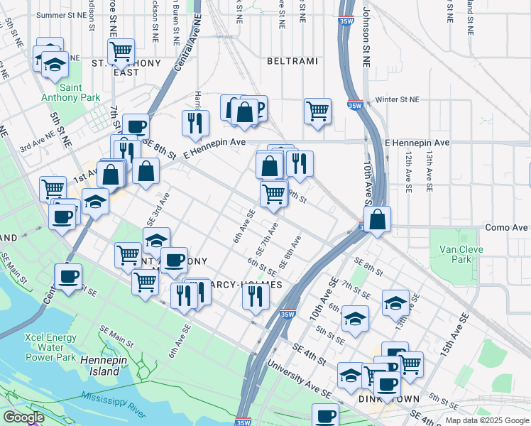 map of restaurants, bars, coffee shops, grocery stores, and more near 713 Southeast 7th Avenue in Minneapolis