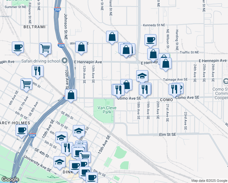 map of restaurants, bars, coffee shops, grocery stores, and more near 1005 15th Avenue Southeast in Minneapolis