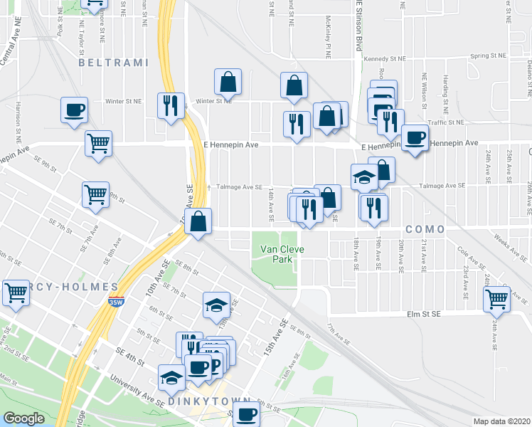 map of restaurants, bars, coffee shops, grocery stores, and more near 1313 Como Avenue Southeast in Minneapolis