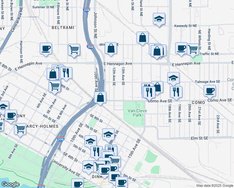 map of restaurants, bars, coffee shops, grocery stores, and more near 1201 Como Avenue Southeast in Minneapolis
