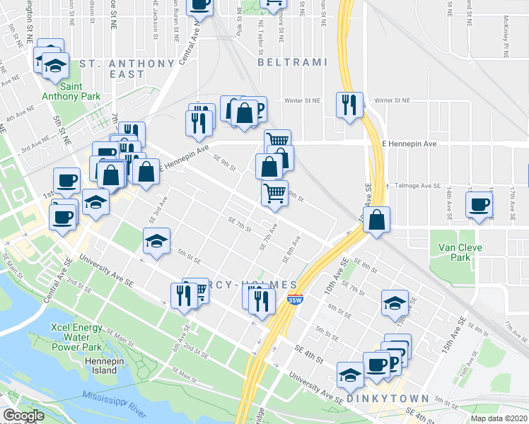 map of restaurants, bars, coffee shops, grocery stores, and more near 713 Southeast 7th Avenue in Minneapolis