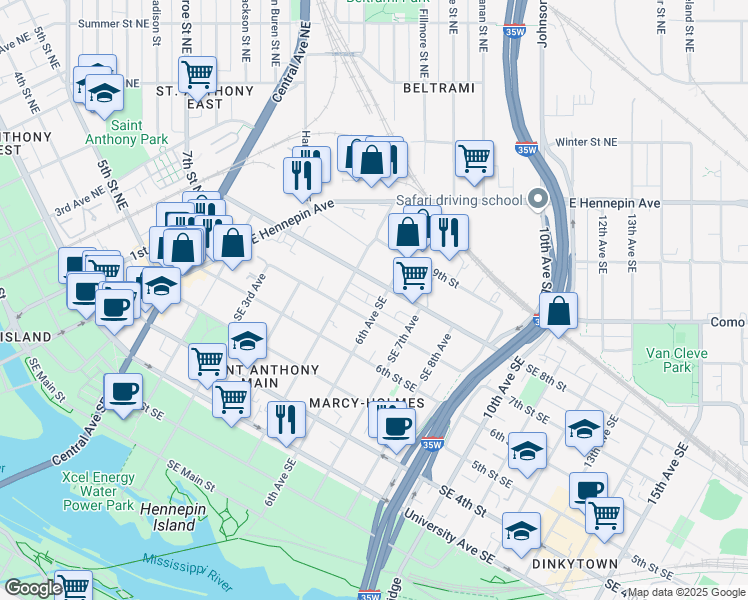 map of restaurants, bars, coffee shops, grocery stores, and more near 527 Southeast 7th Street in Minneapolis