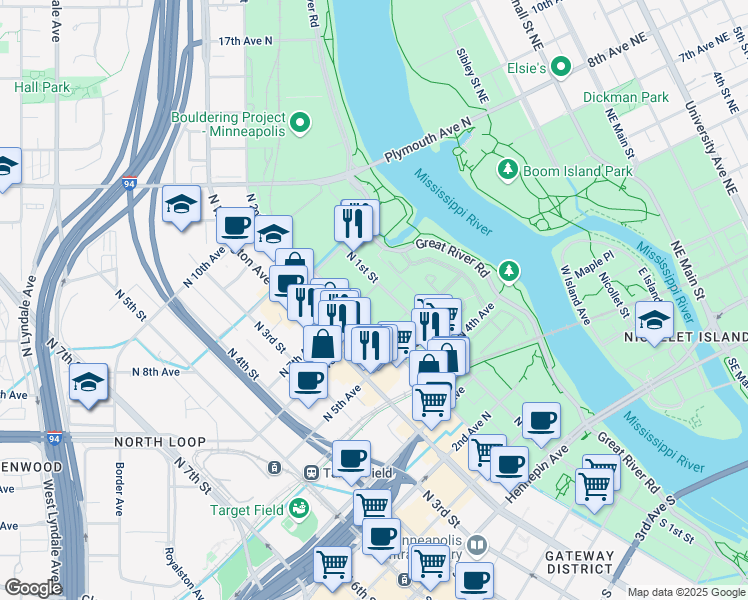 map of restaurants, bars, coffee shops, grocery stores, and more near 600 North 2nd Avenue in Minneapolis