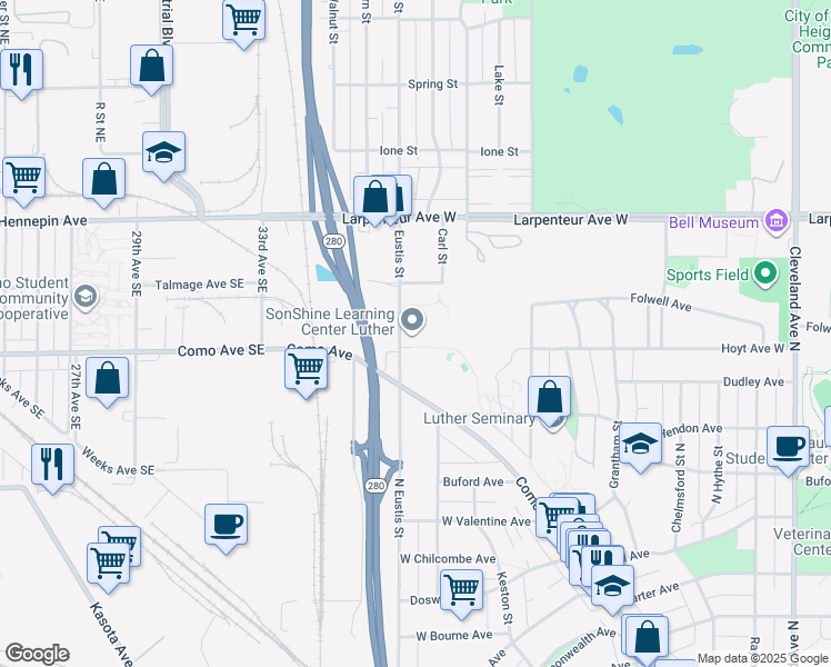 map of restaurants, bars, coffee shops, grocery stores, and more near 1550 Eustis Street in Saint Paul