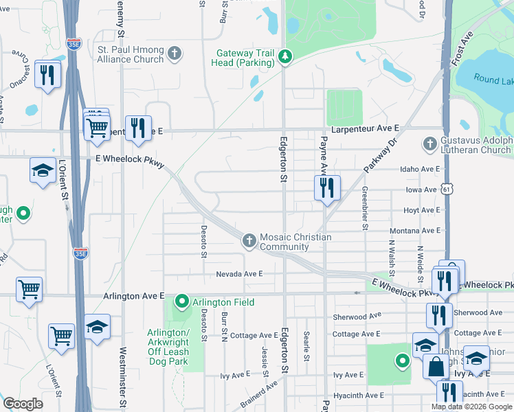 map of restaurants, bars, coffee shops, grocery stores, and more near 536 Hoyt Avenue East in Saint Paul