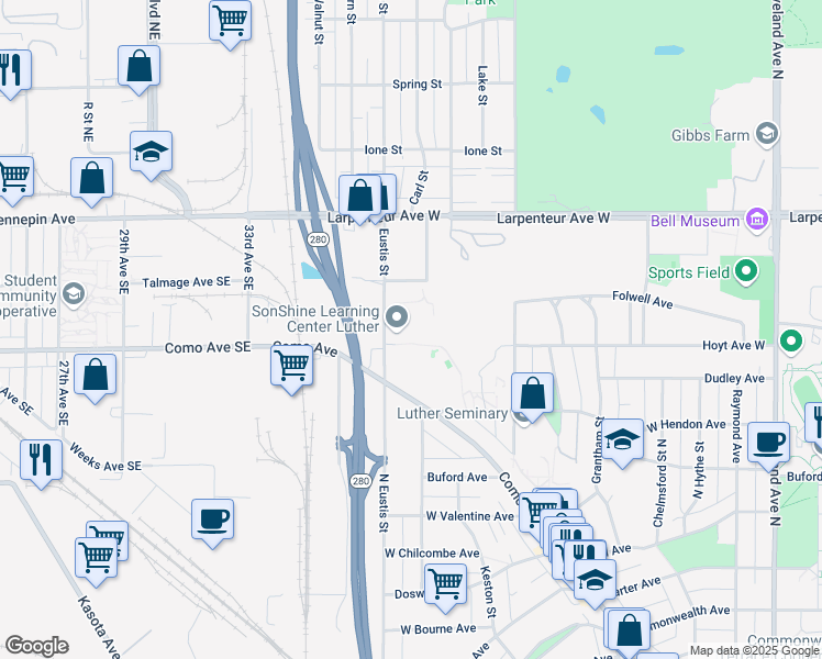 map of restaurants, bars, coffee shops, grocery stores, and more near 1570 Eustis Street in Lauderdale