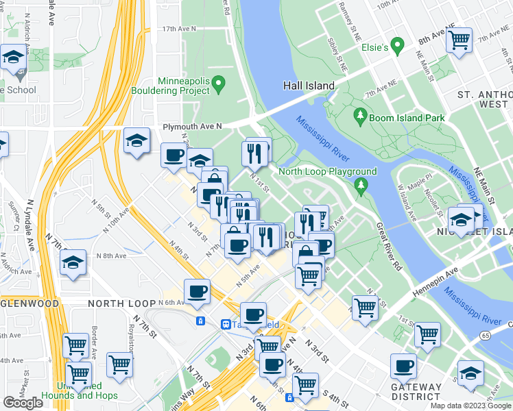 map of restaurants, bars, coffee shops, grocery stores, and more near 600 North 2nd Avenue in Minneapolis