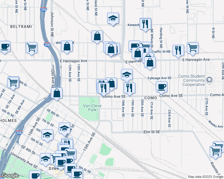 map of restaurants, bars, coffee shops, grocery stores, and more near 1703 Como Avenue Southeast in Minneapolis