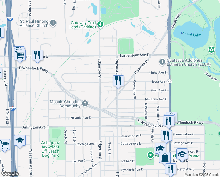 map of restaurants, bars, coffee shops, grocery stores, and more near 613 Hoyt Avenue East in Saint Paul