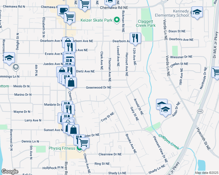 map of restaurants, bars, coffee shops, grocery stores, and more near 999 Greenwood Drive Northeast in Keizer