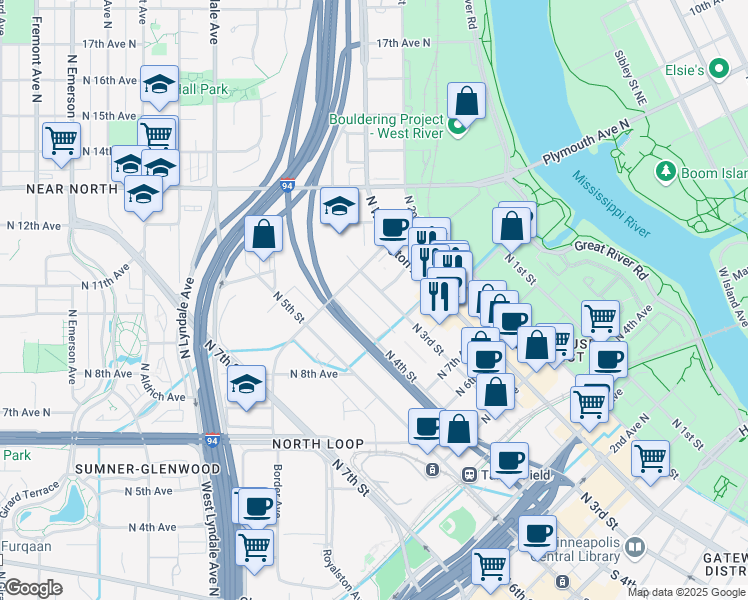 map of restaurants, bars, coffee shops, grocery stores, and more near 901 North 3rd Street in Minneapolis