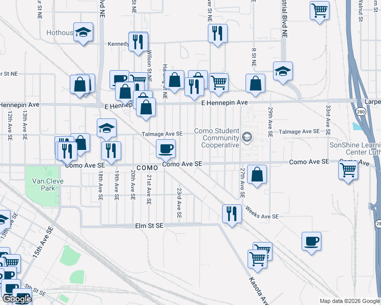 map of restaurants, bars, coffee shops, grocery stores, and more near 1000 24th Avenue Southeast in Minneapolis