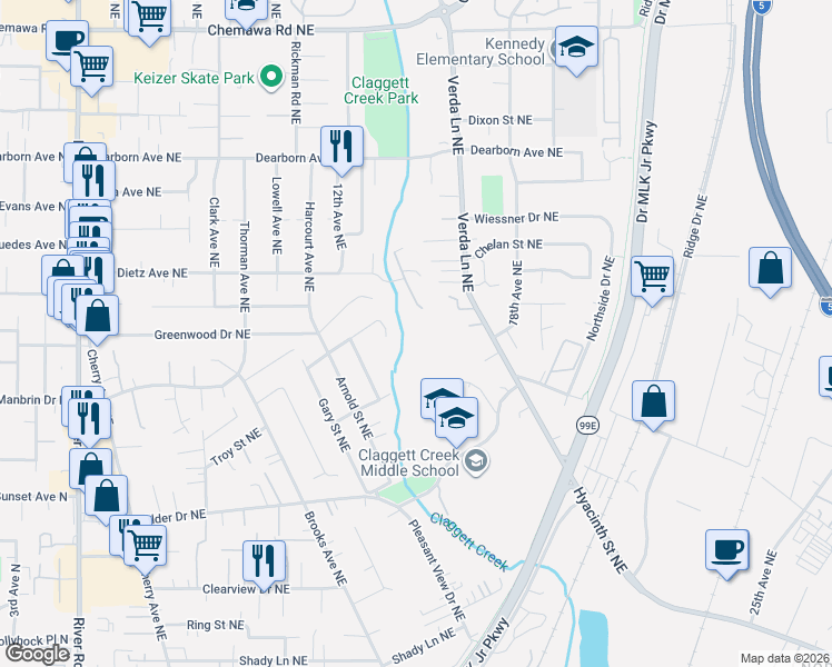 map of restaurants, bars, coffee shops, grocery stores, and more near 4356 Bonneville Avenue Northeast in Keizer