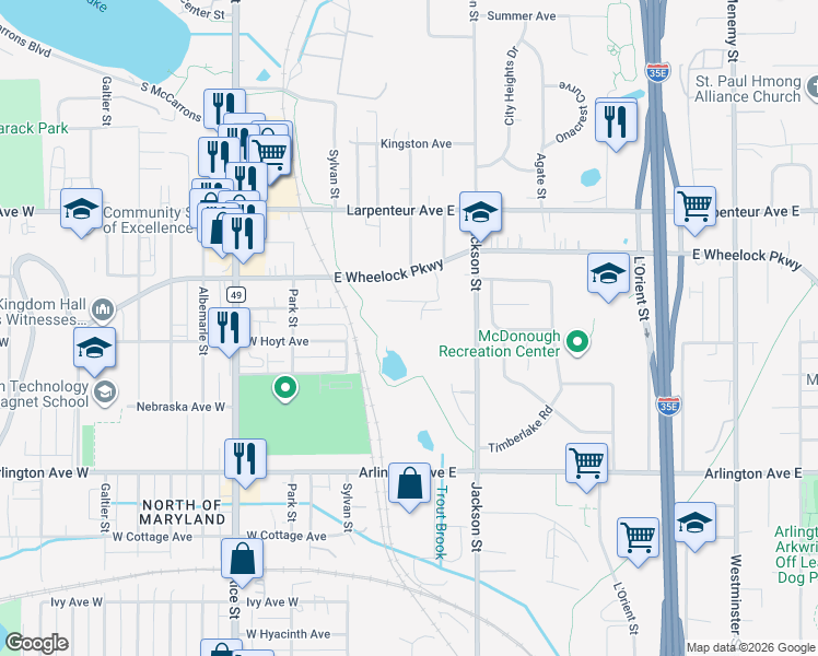map of restaurants, bars, coffee shops, grocery stores, and more near 1560 Wheelock Lane in Saint Paul