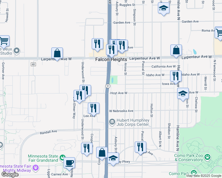 map of restaurants, bars, coffee shops, grocery stores, and more near 1556 Snelling Avenue N Service Road in Saint Paul