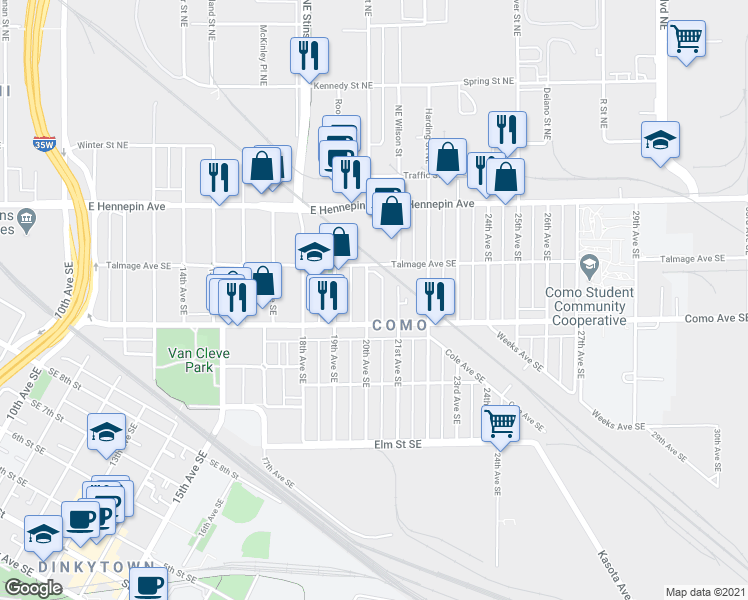 map of restaurants, bars, coffee shops, grocery stores, and more near in Minneapolis