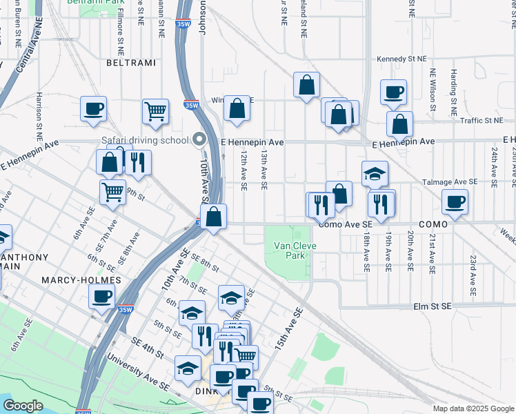 map of restaurants, bars, coffee shops, grocery stores, and more near 1201 Como Avenue Southeast in Minneapolis