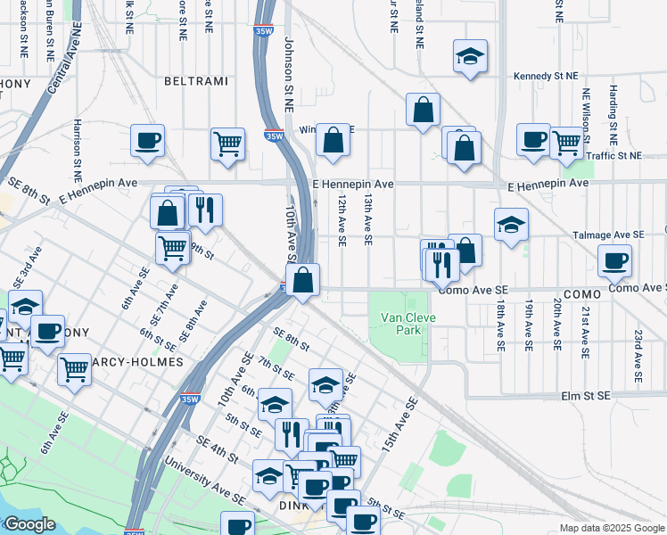 map of restaurants, bars, coffee shops, grocery stores, and more near 1100c Como Avenue Southeast in Minneapolis